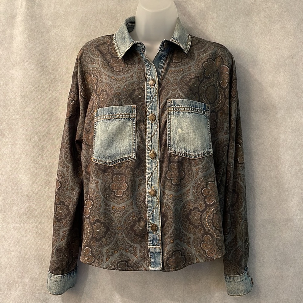 Free People Denim and Scarf Print Blouse Size XS